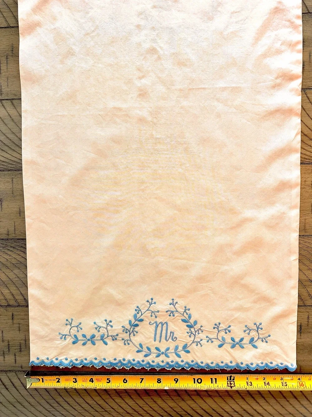 Vintage 1950’s Hand Embroidered Mr. & Mrs. Peach pillow Cases with Blue Trim
